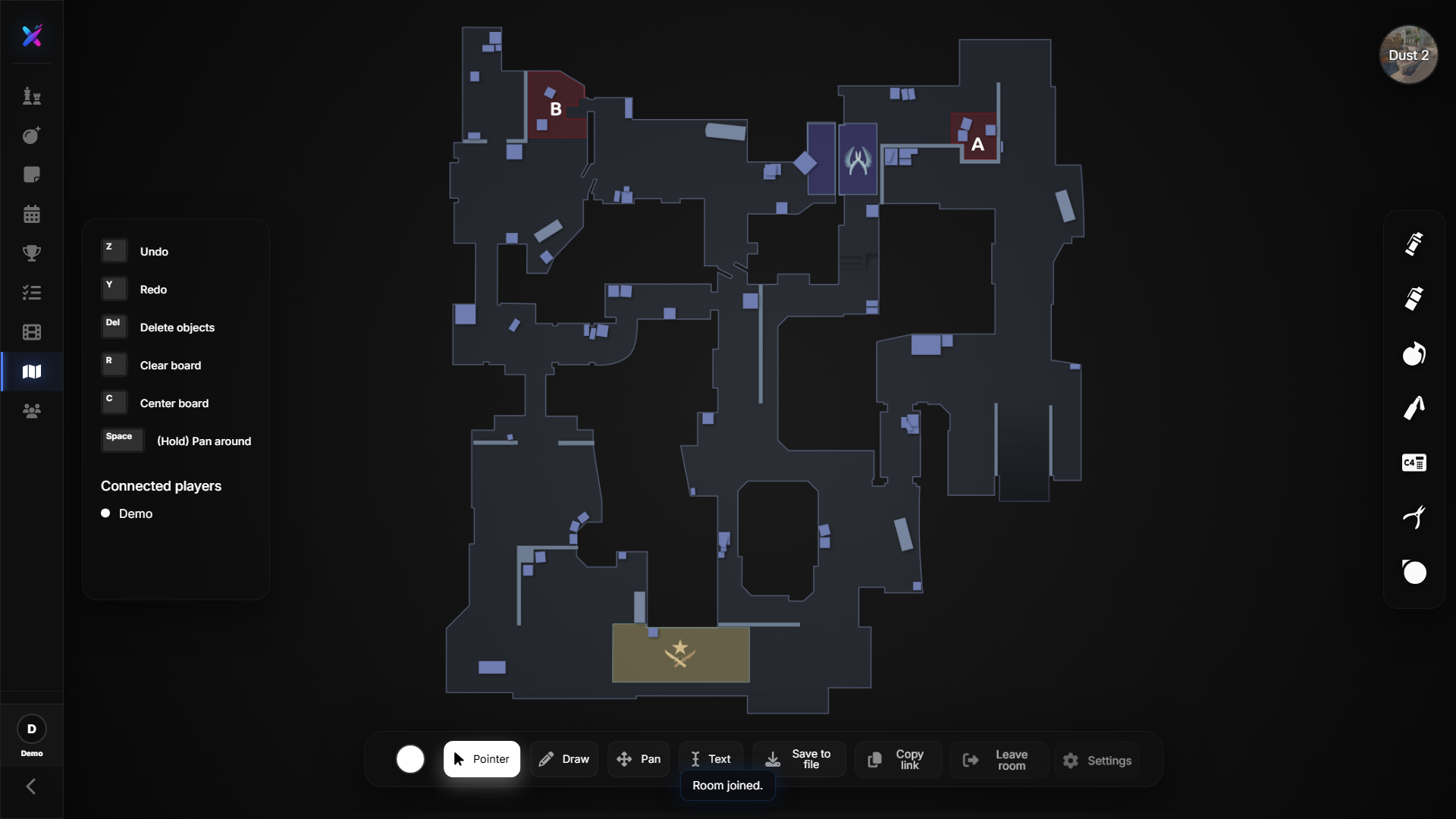Interactive map room with live tactical board tools and connected players